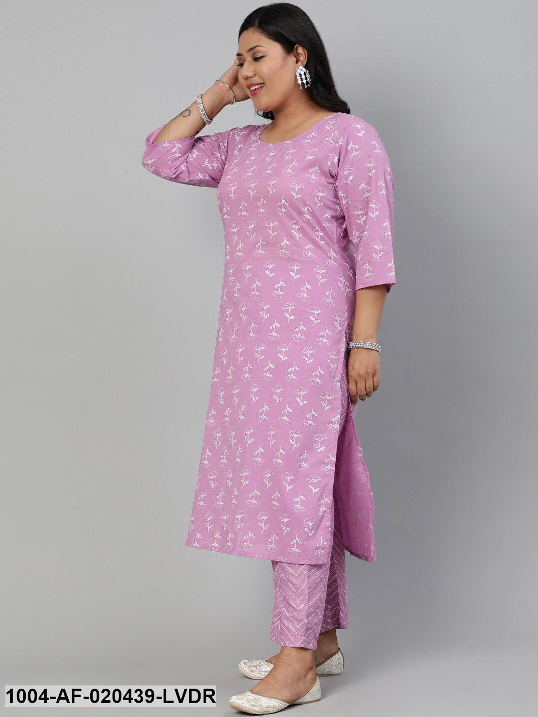 Plus Size Lavender Floral Pure Cotton Kurta with Trousers & Dupatta