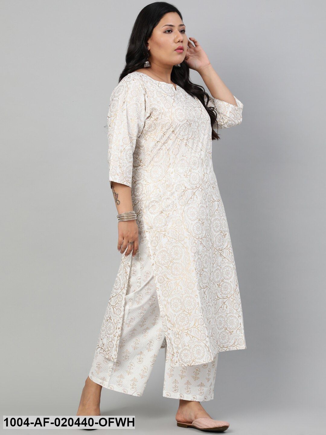 Plus Size Off White Floral Printed Pure Cotton Kurta with Palazzos & Dupatta