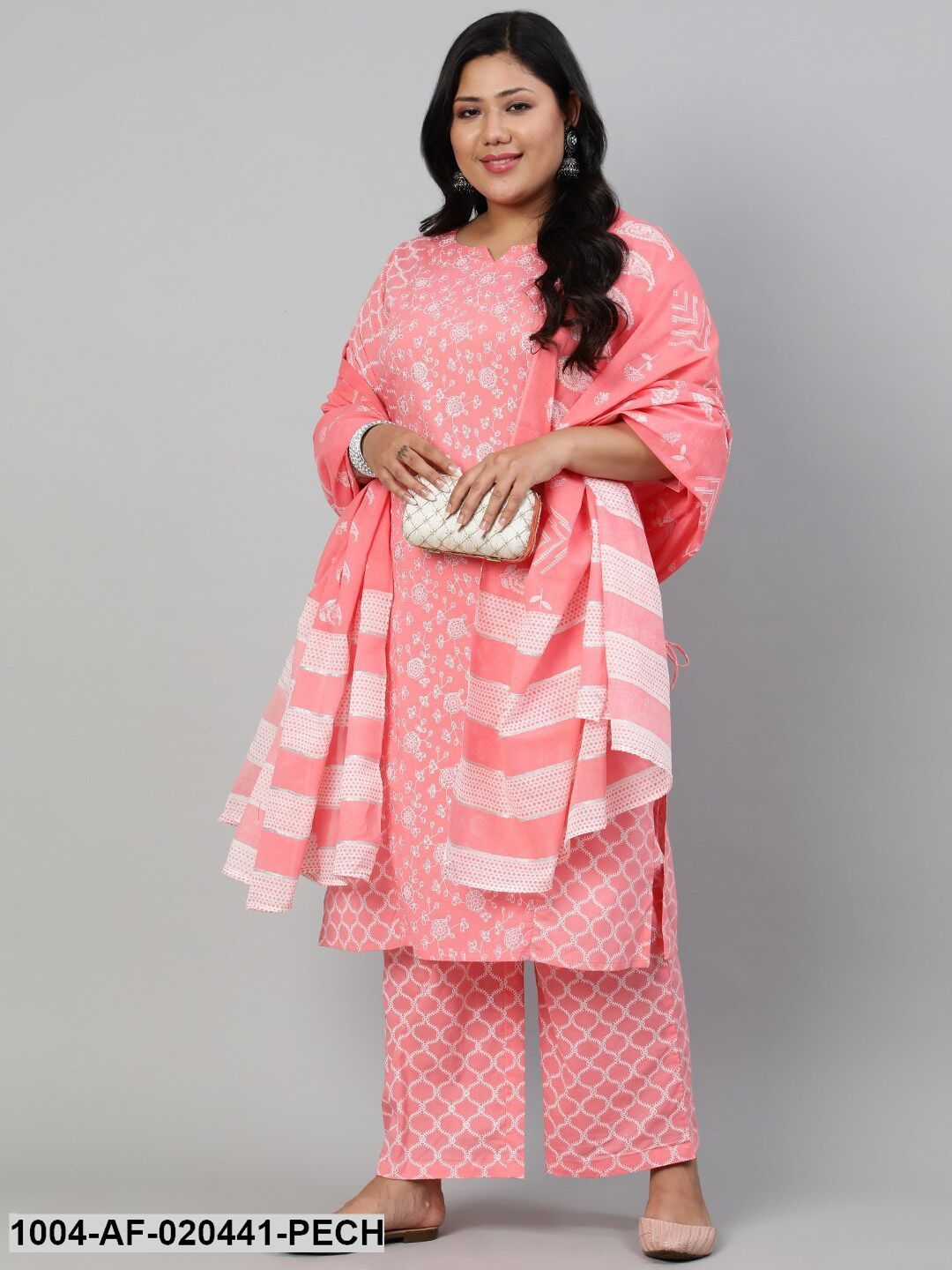 Plus Size Peach Ethnic Motifs Printed Pure Cotton Kurta with Trousers & Dupatta
