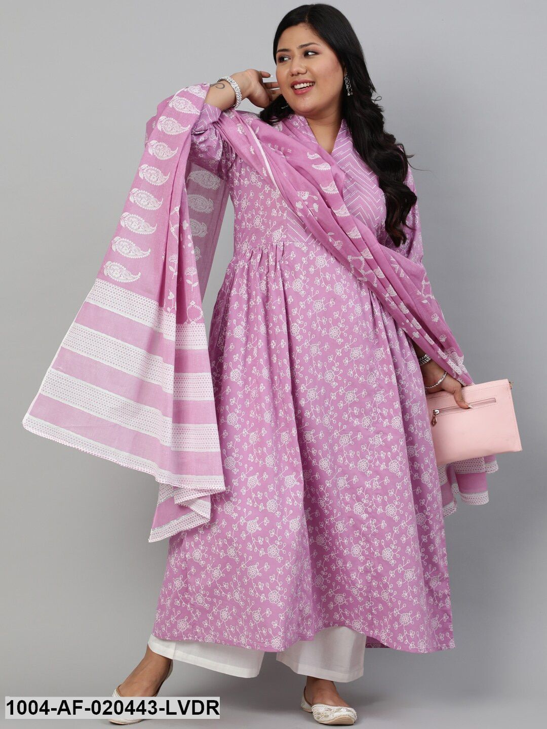 Plus Size Lavender Ethnic Motifs Pure Cotton Kurta with Palazzos & Dupatta