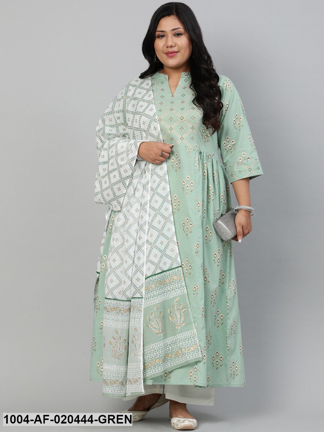 Plus Size Green Ethnic Motifs Pure Cotton Kurta with Palazzos & Dupatta