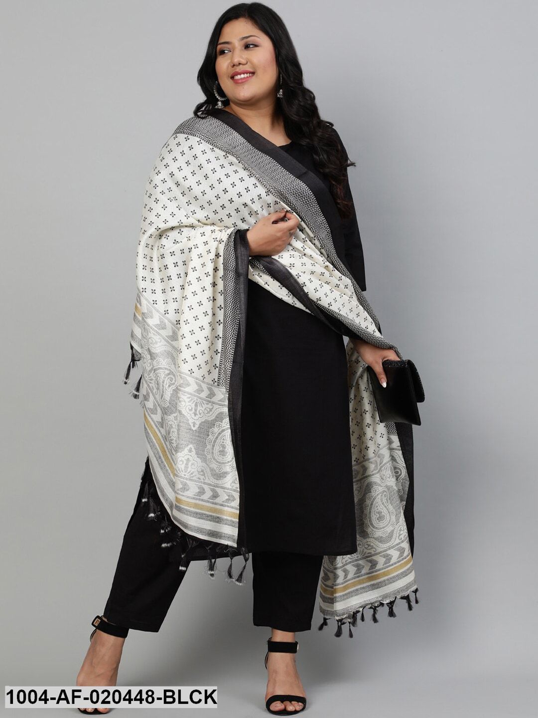 Plus Size Black Kurta with Trousers & Dupatta