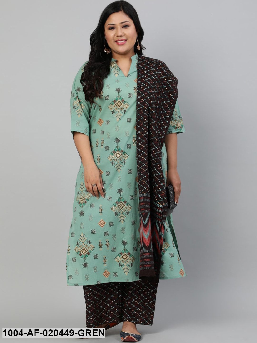 Plus Size Green Printed Empire Kurta with Palazzos & Dupatta