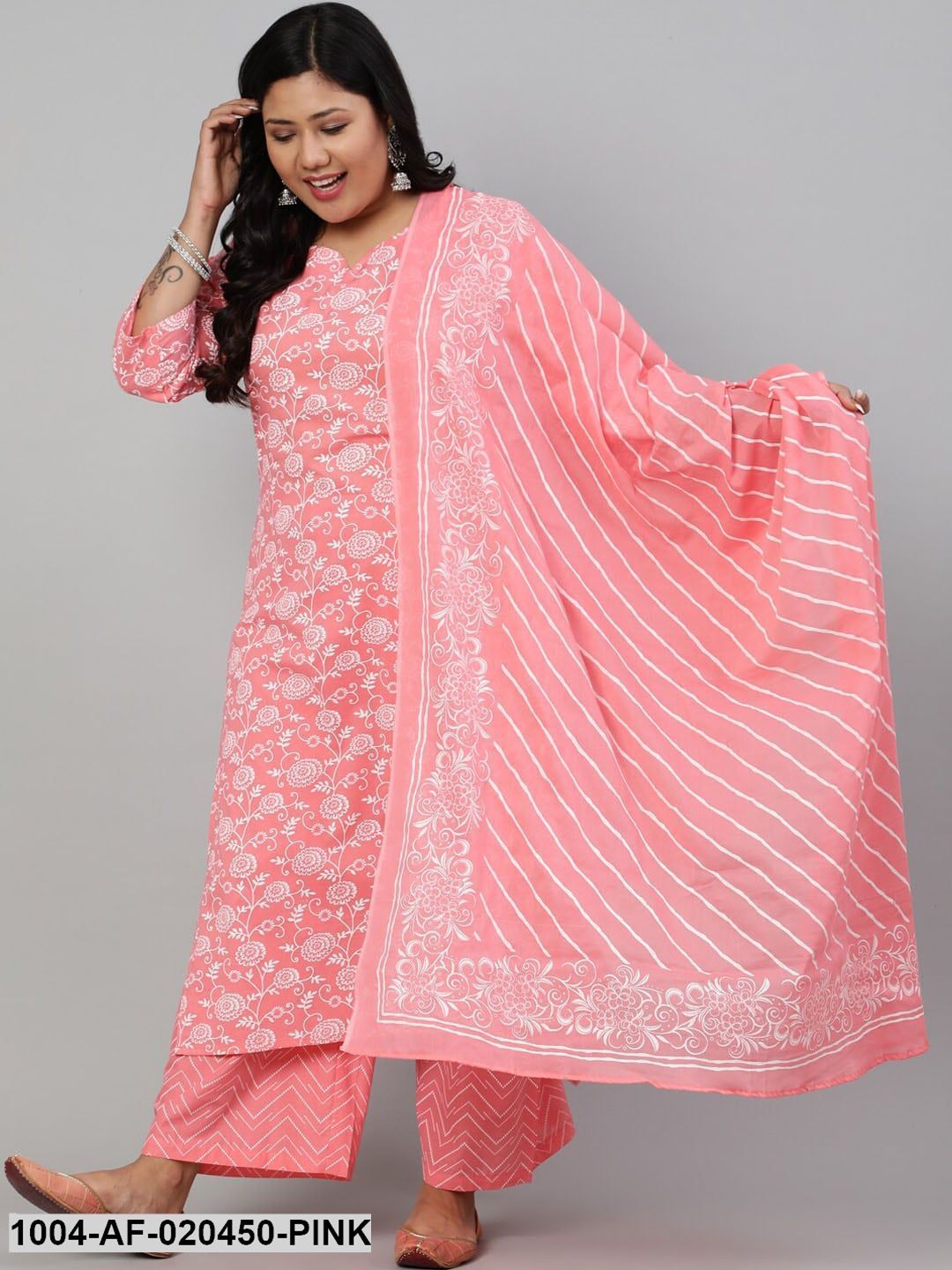 Plus Size Pink Floral Printed Kurta with Palazzos & Dupatta