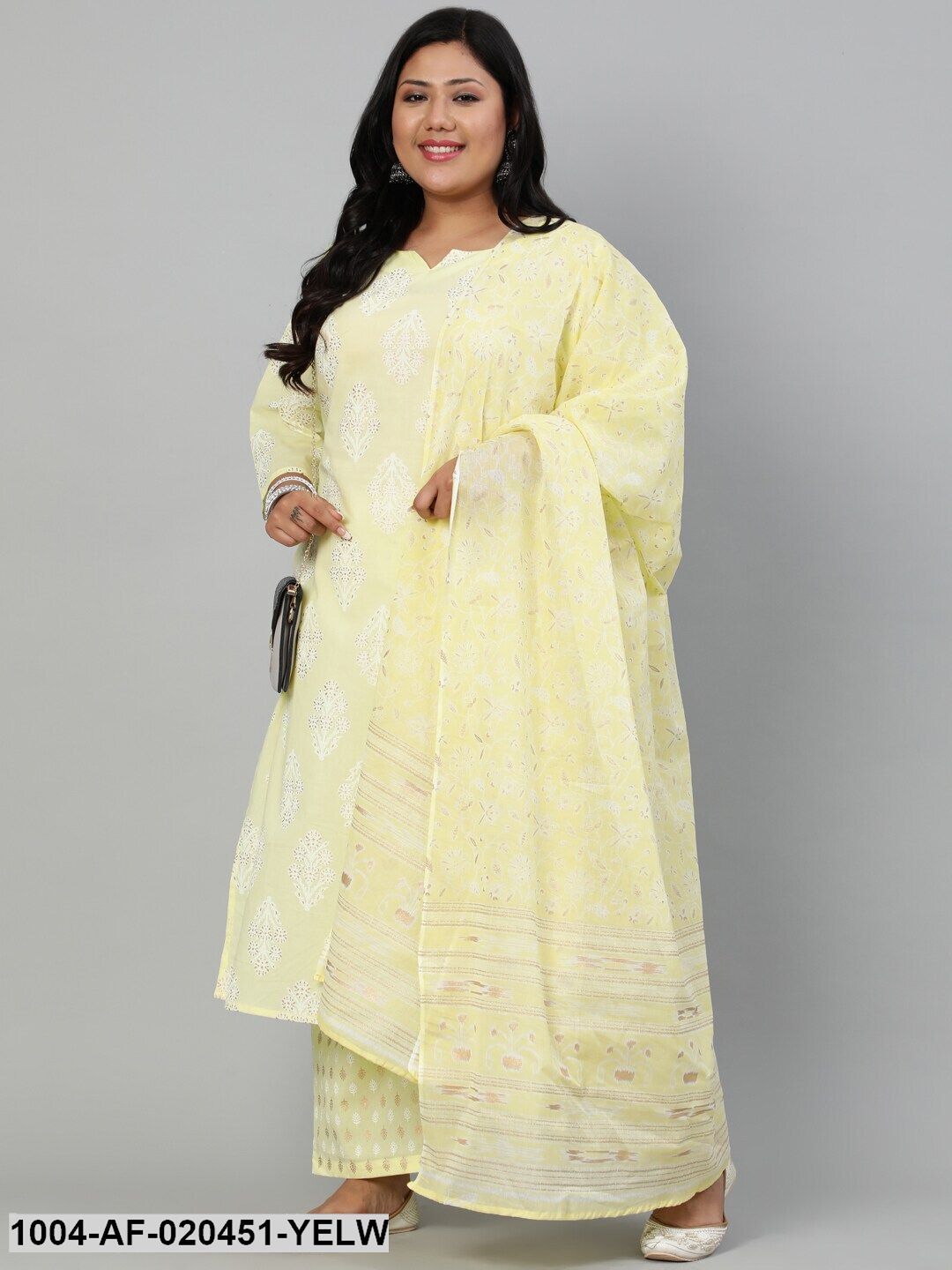 Plus Size Yellow Ethnic Motifs Printed Kurta with Palazzos & Dupatta