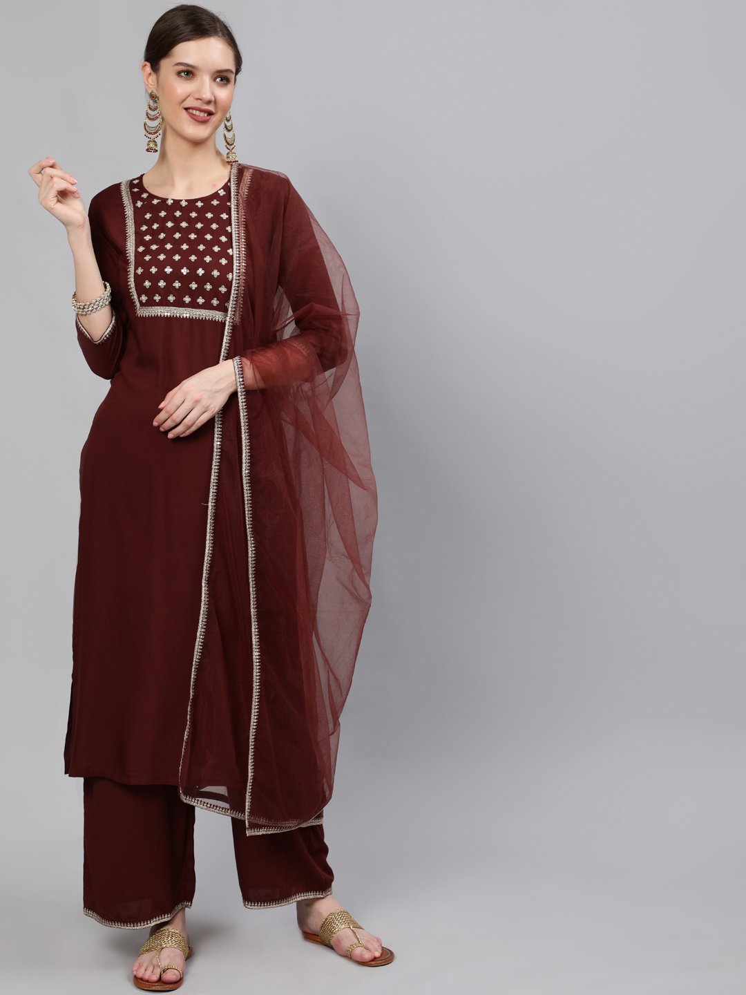 Women Brown Sequinned Embroidered Straight Kurta With Plazo & Dupatta