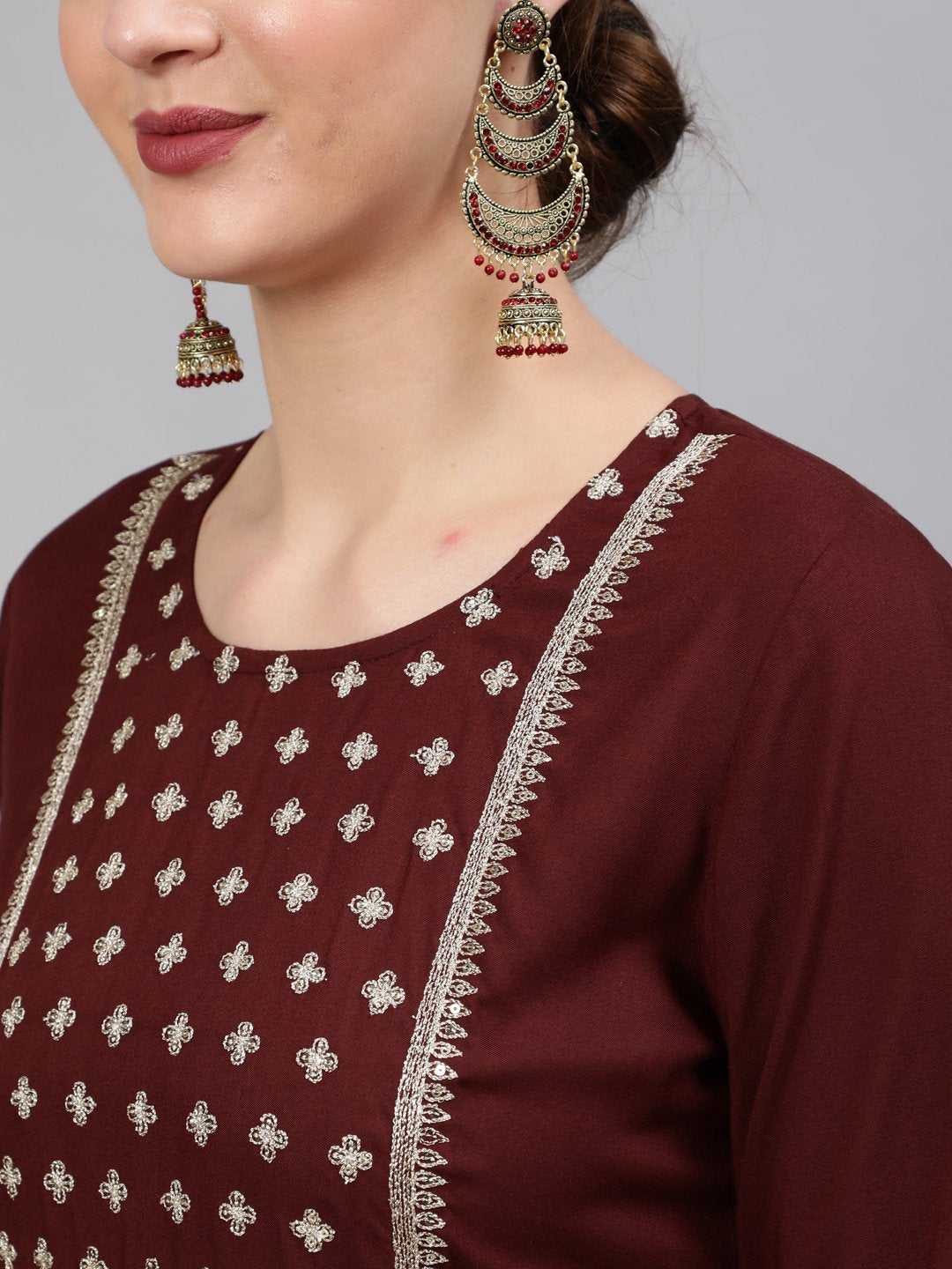Women Brown Sequinned Embroidered Straight Kurta With Plazo & Dupatta