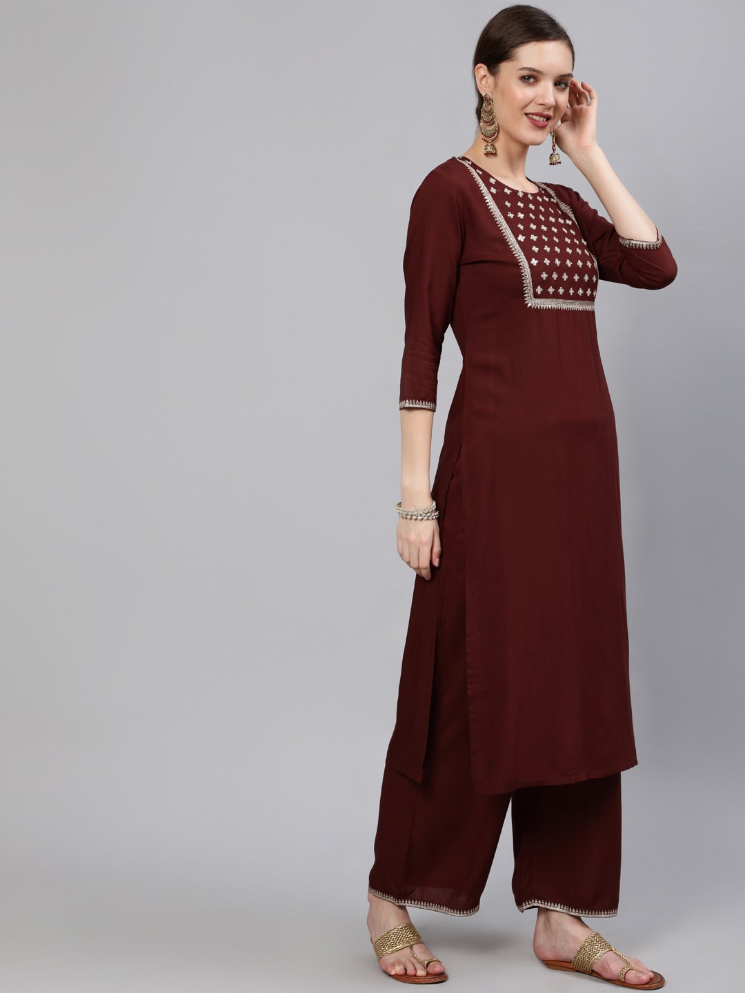 Women Brown Sequinned Embroidered Straight Kurta With Plazo & Dupatta