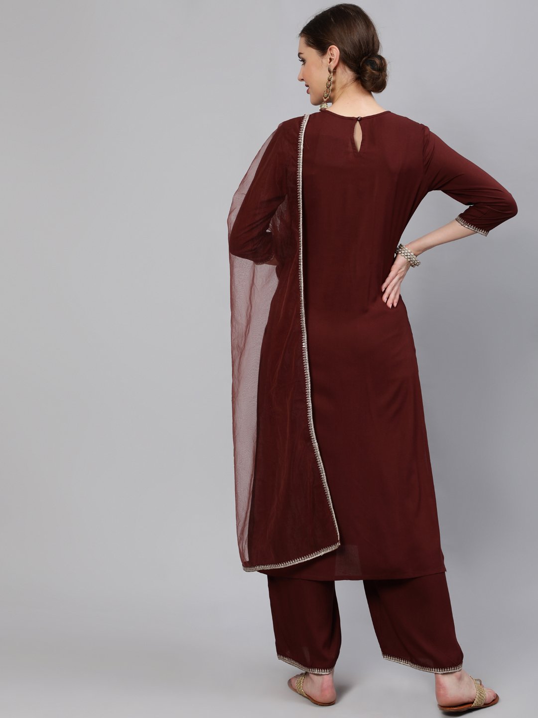 Women Brown Sequinned Embroidered Straight Kurta With Plazo & Dupatta