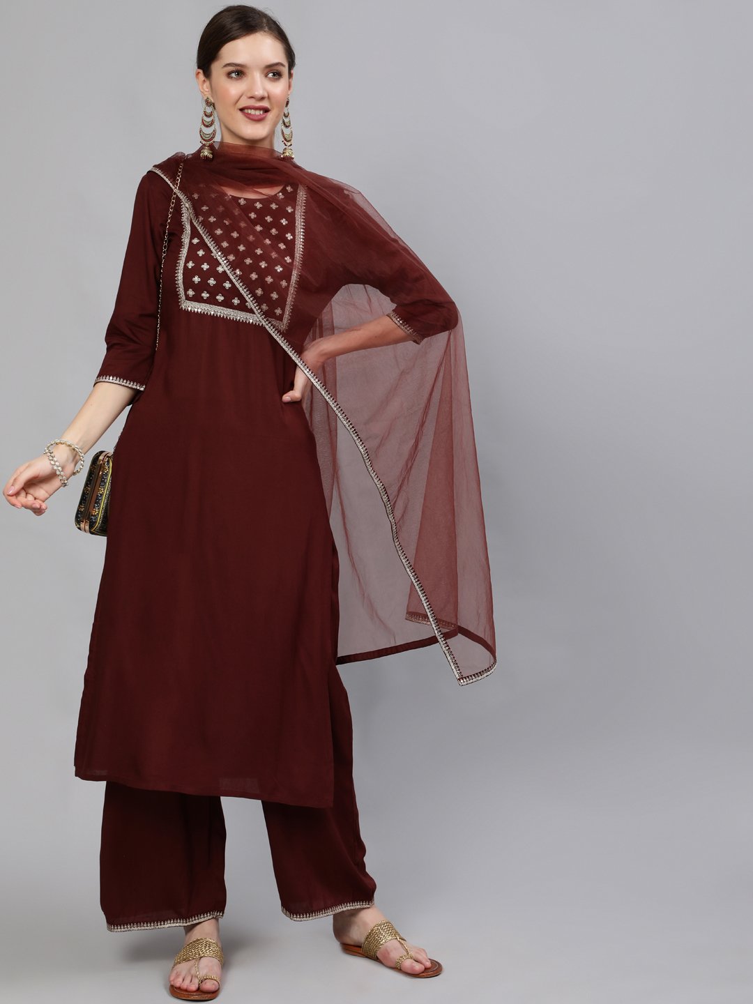 Women Brown Sequinned Embroidered Straight Kurta With Plazo & Dupatta