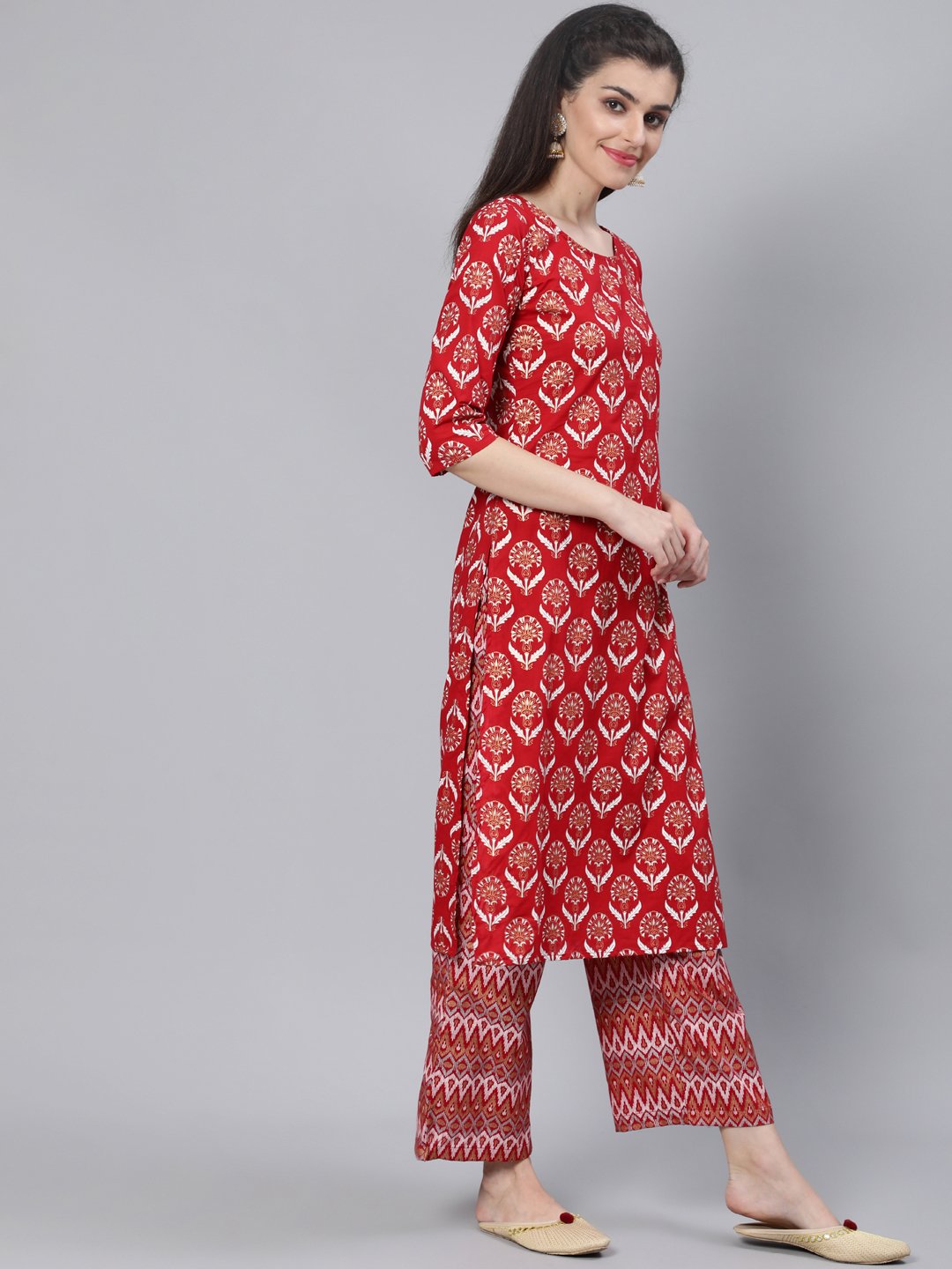 Women Red Straight Kurta With Plazo & Sequened Dupatta