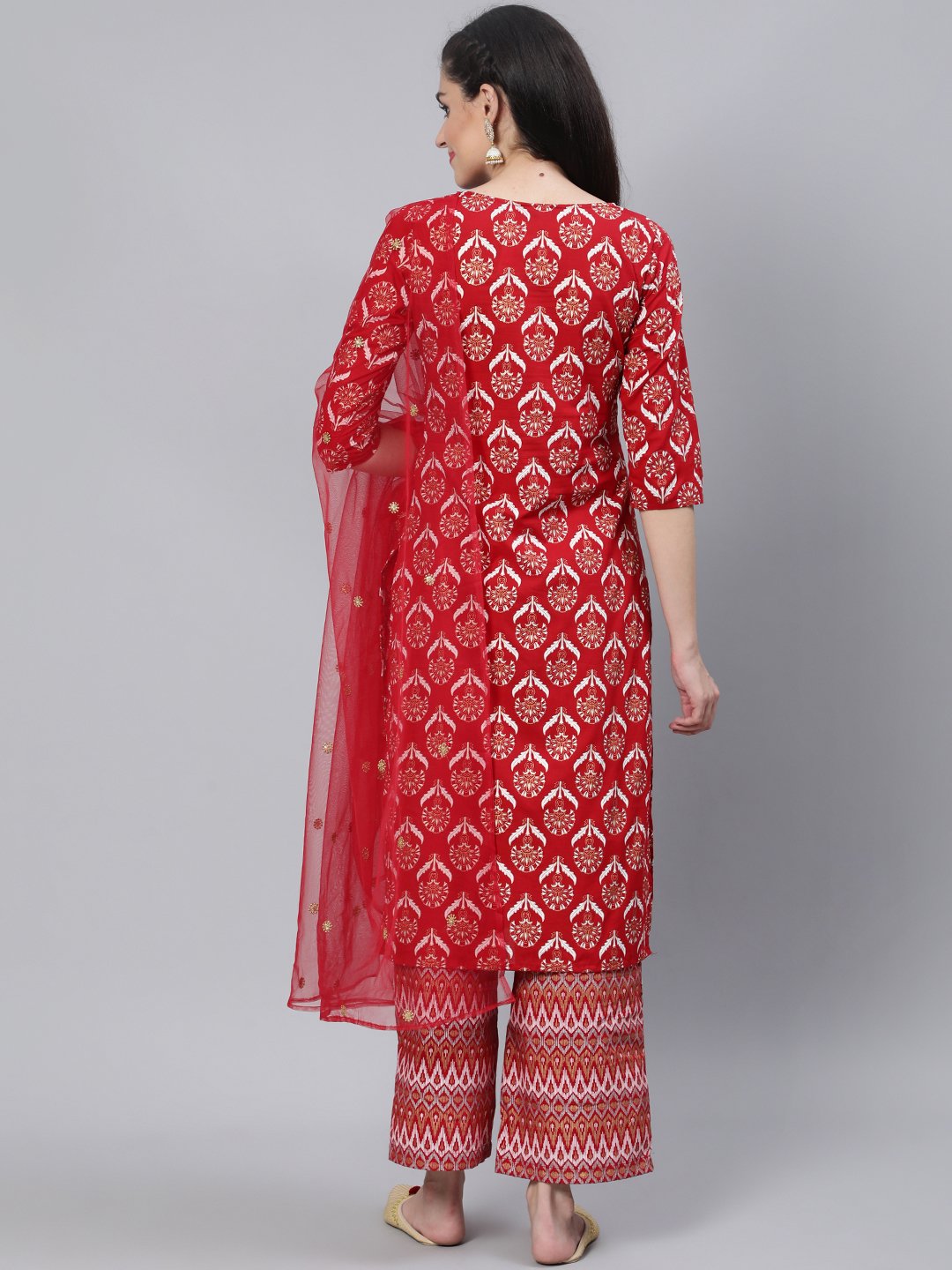 Women Red Straight Kurta With Plazo & Sequened Dupatta
