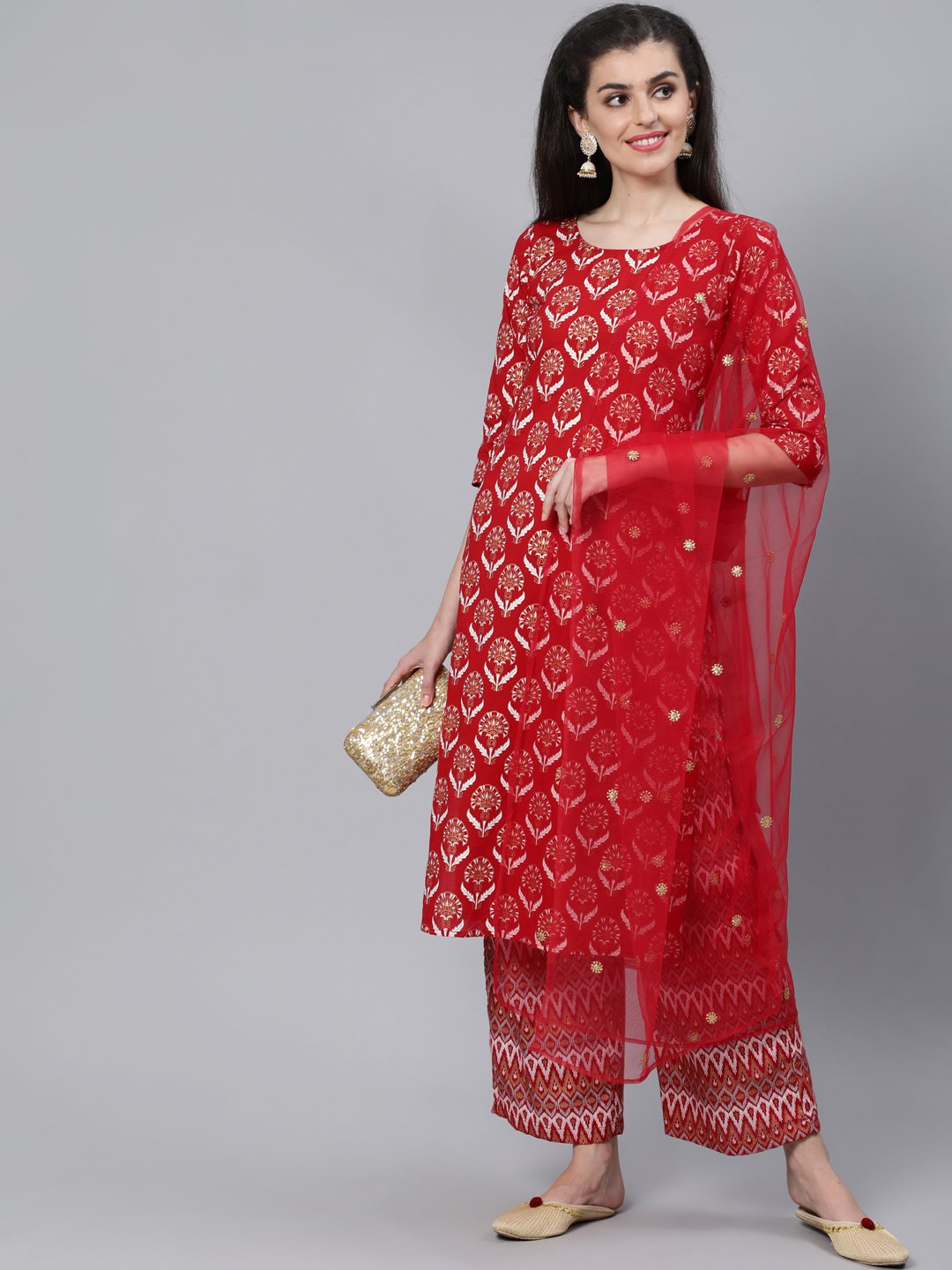 Women Red Straight Kurta With Plazo & Sequened Dupatta