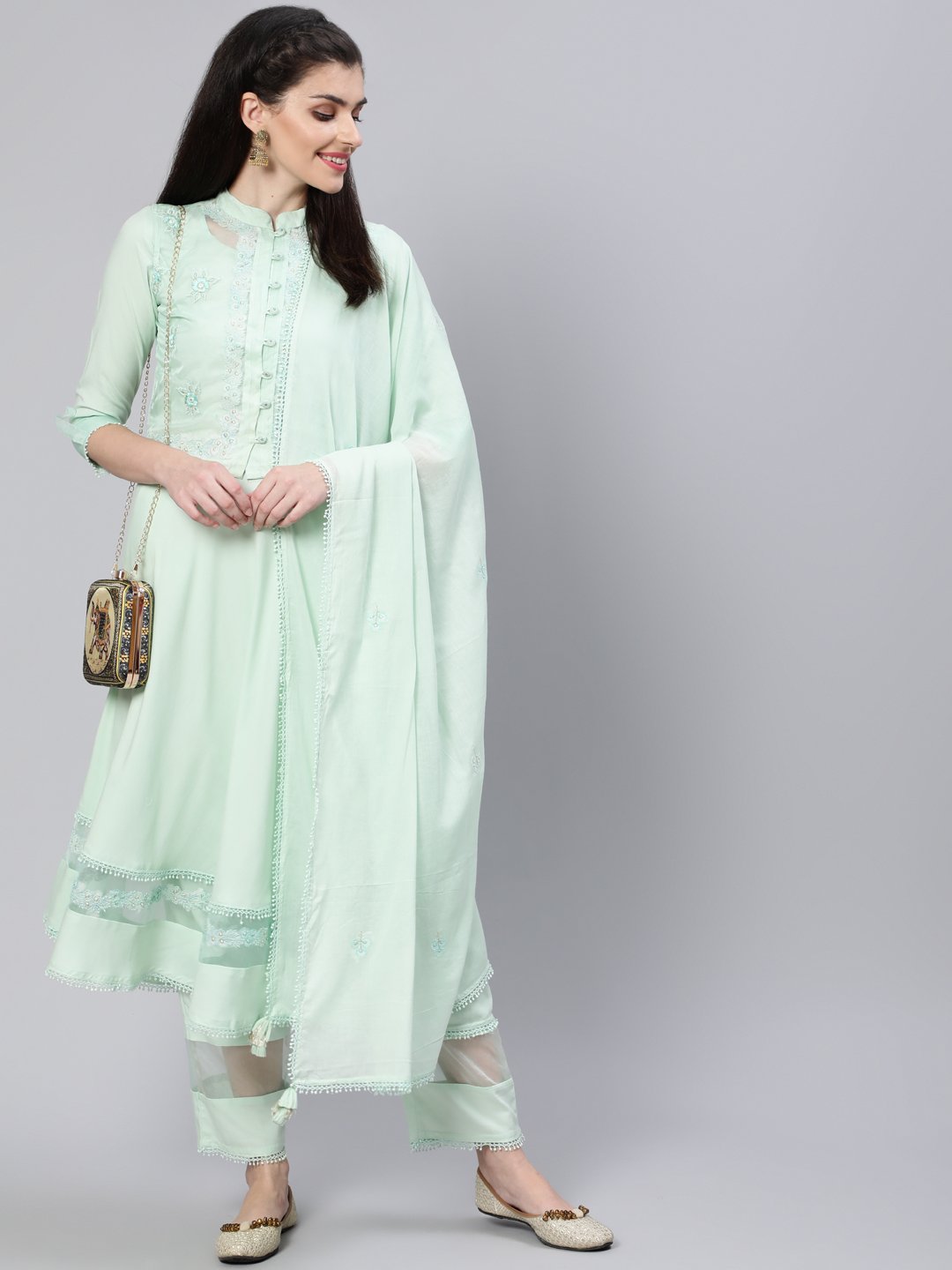 Women Pastel Green Embroidered Flared Kurta With Jacket,Plazo & Dupatta