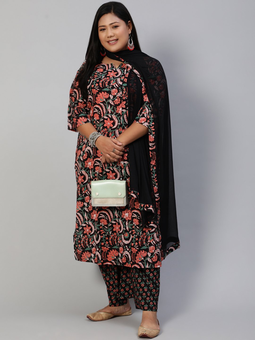 Women Black & Peach Printed Straight Kurta With Plazo & Dupatta