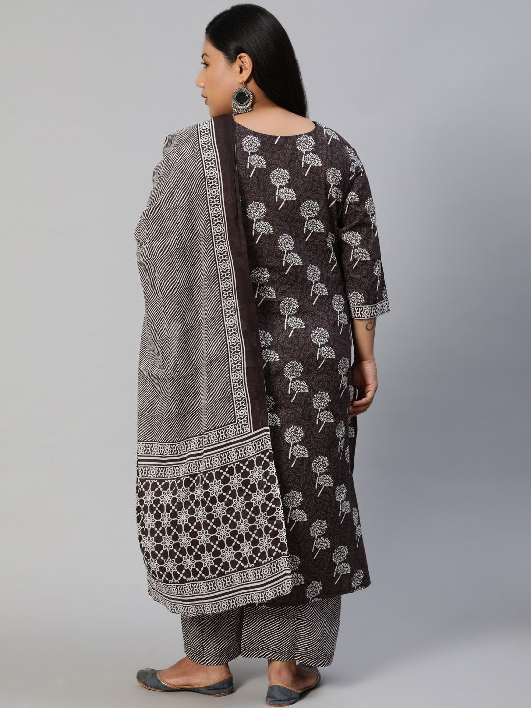 Women Dark Grey Printed Straight Kurta With Plazo & Dupatta