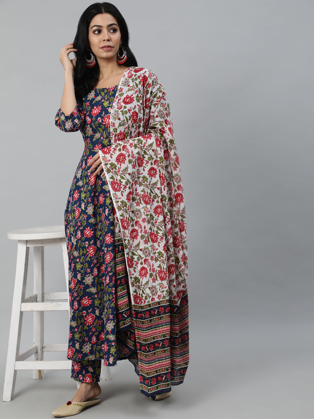 Women Blue Printed Flared Kurta With Trouser & Dupatta