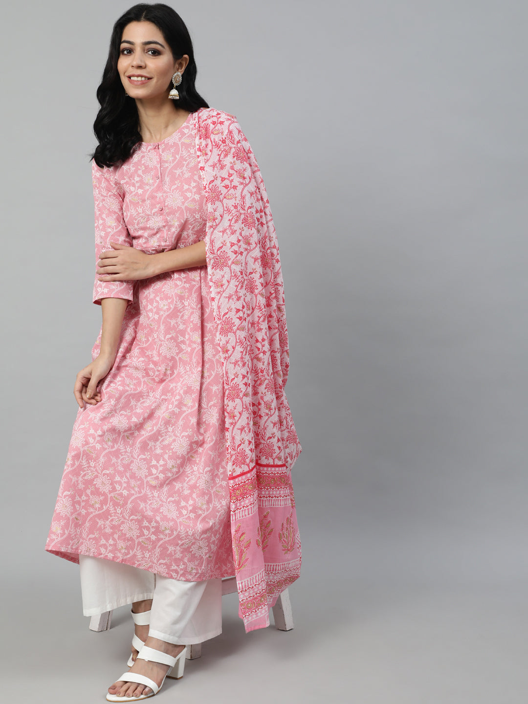 Women Pink Printed Flared Kurta With Trouser & Dupatta