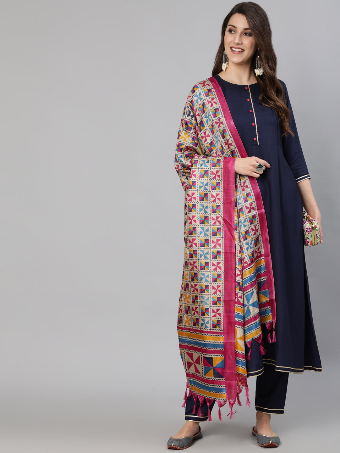 Women Navy Blue Solid Gathered Kurta With Troiuser And Sequance Dupatta