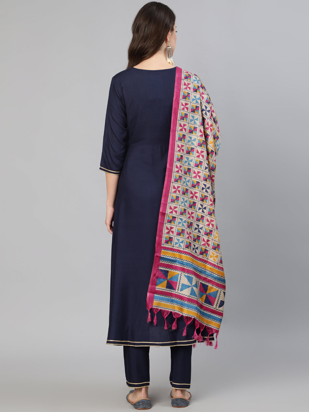 Women Navy Blue Solid Gathered Kurta With Troiuser And Sequance Dupatta
