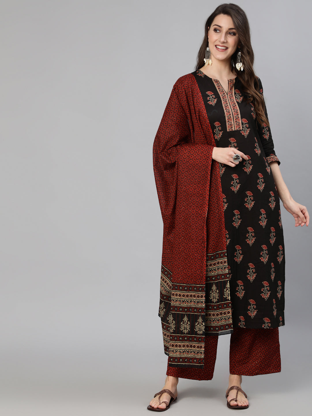 Black & Maroon Floral Printed Straight Kurta With Palzzo And Dupatta