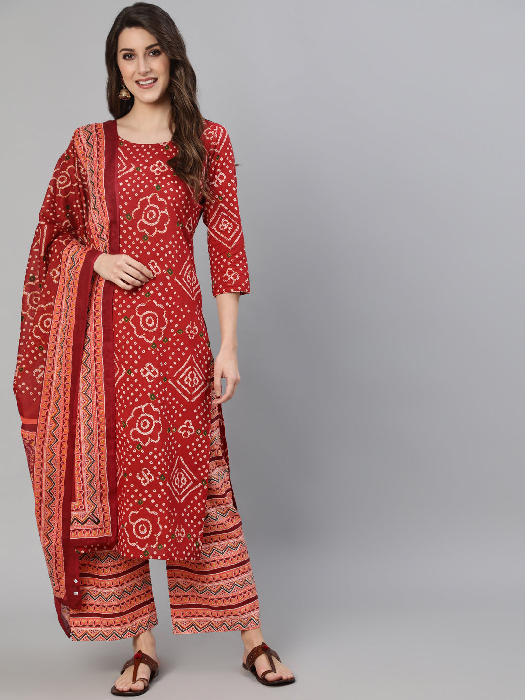 Red Bandhani Printed Straight Kurta With Palzzo And Dupatta