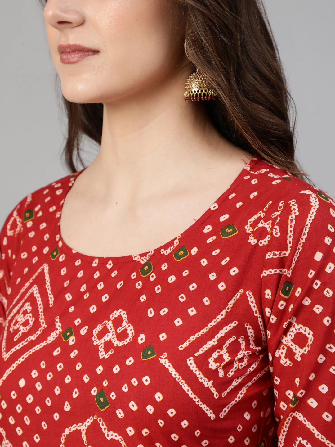 Red Bandhani Printed Straight Kurta With Palzzo And Dupatta