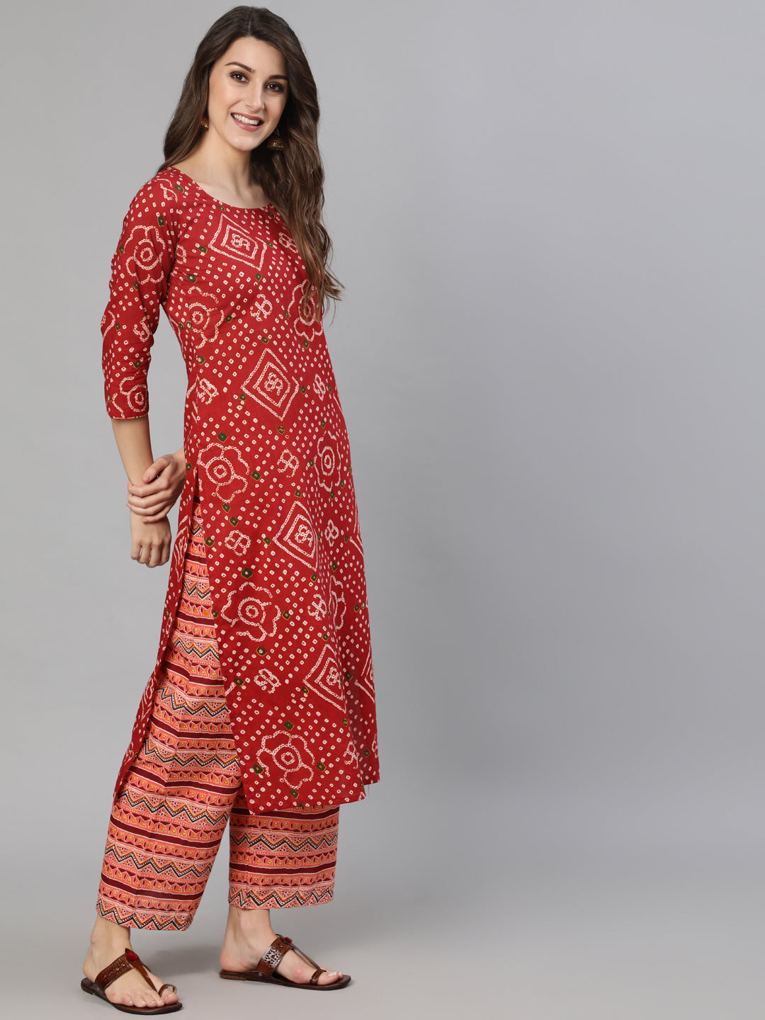 Red Bandhani Printed Straight Kurta With Palzzo And Dupatta