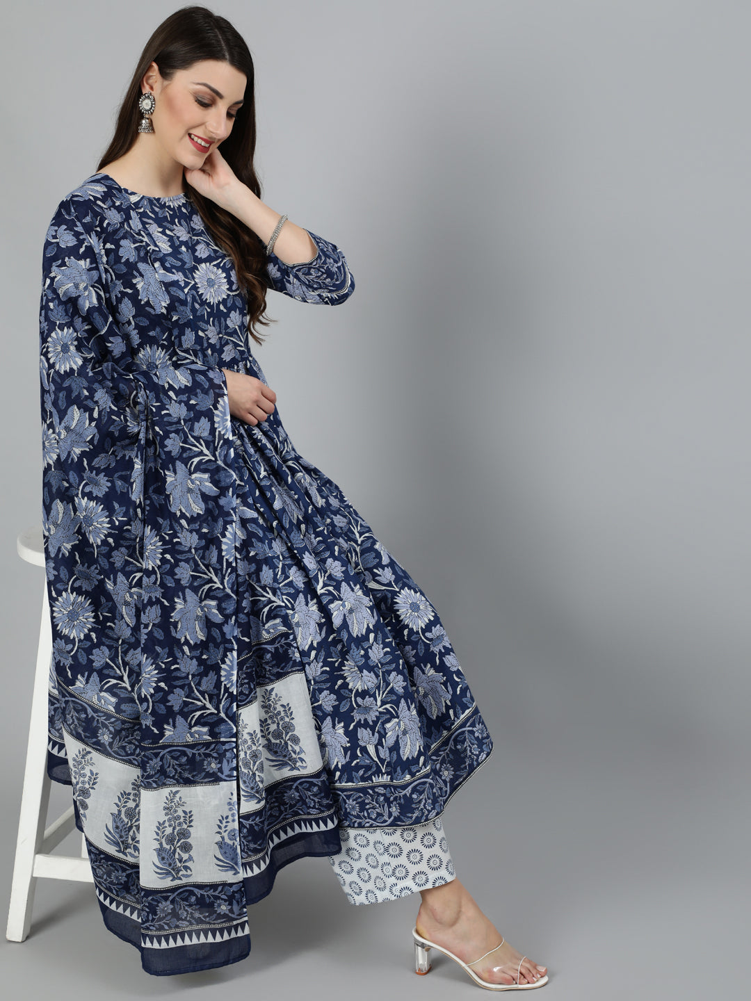 Blue Floral Printed Gathered Kurta With Palzzo And Dupatta