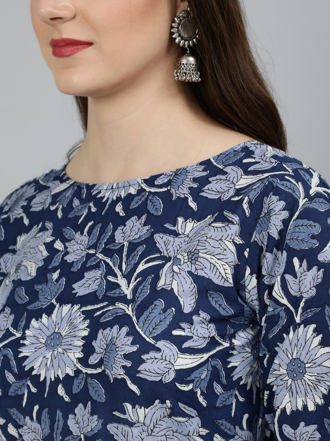 Blue Floral Printed Gathered Kurta With Palzzo And Dupatta