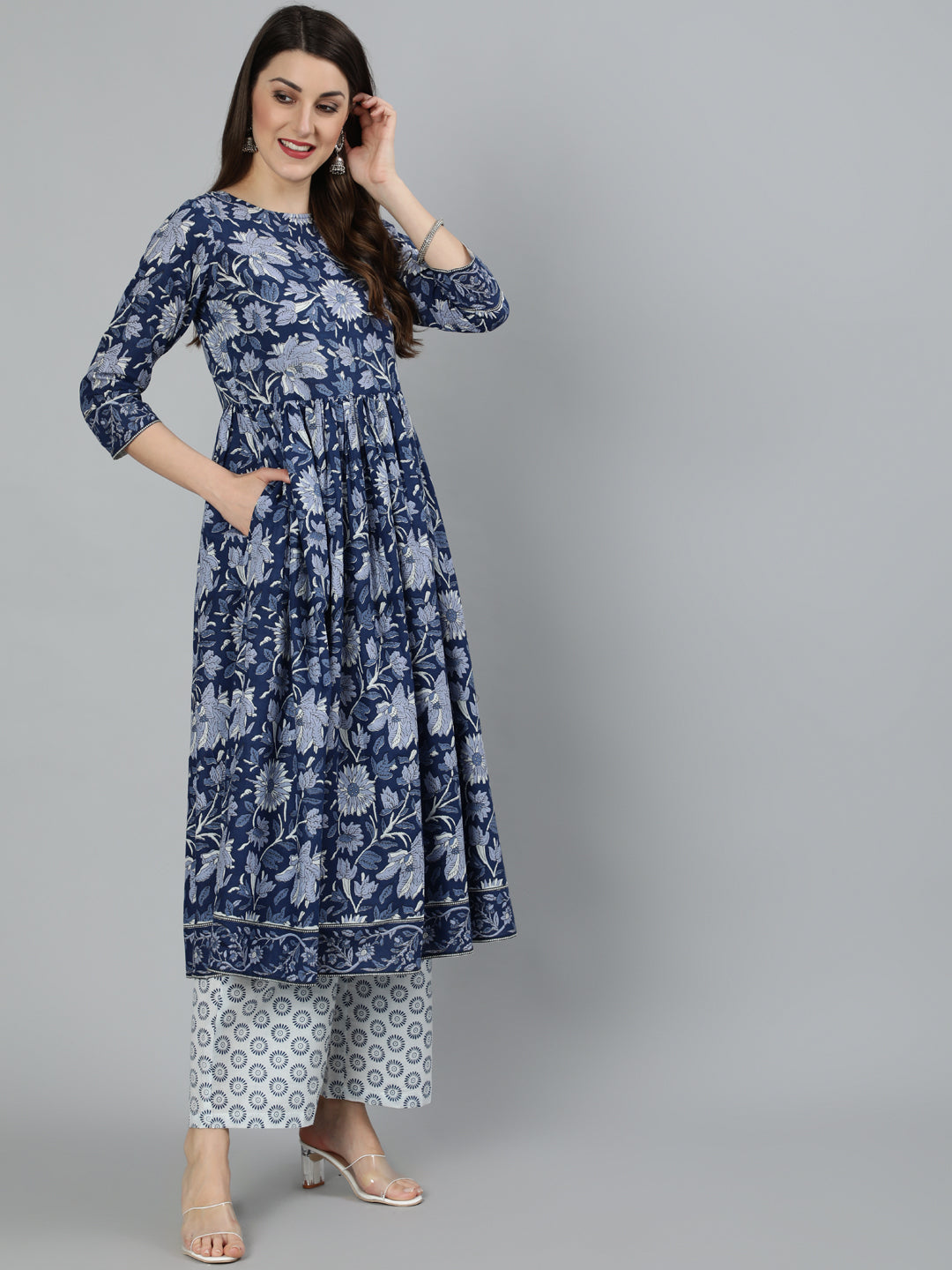 Blue Floral Printed Gathered Kurta With Palzzo And Dupatta