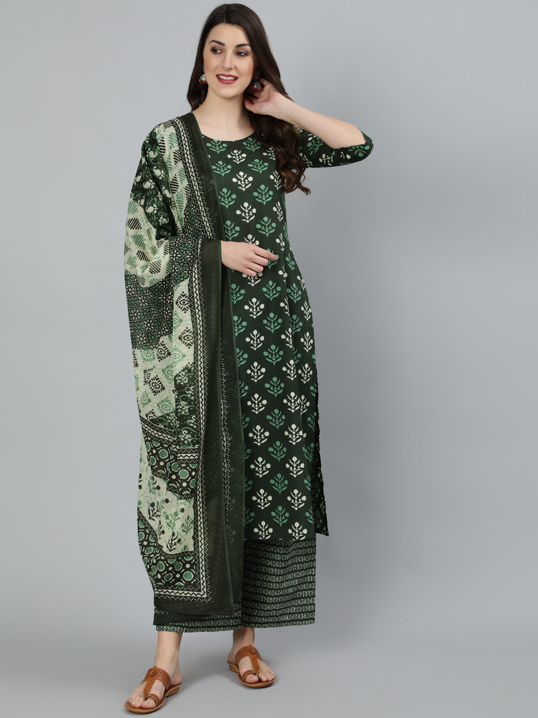 Green Printed Kurta And Palazzo With Dupatta
