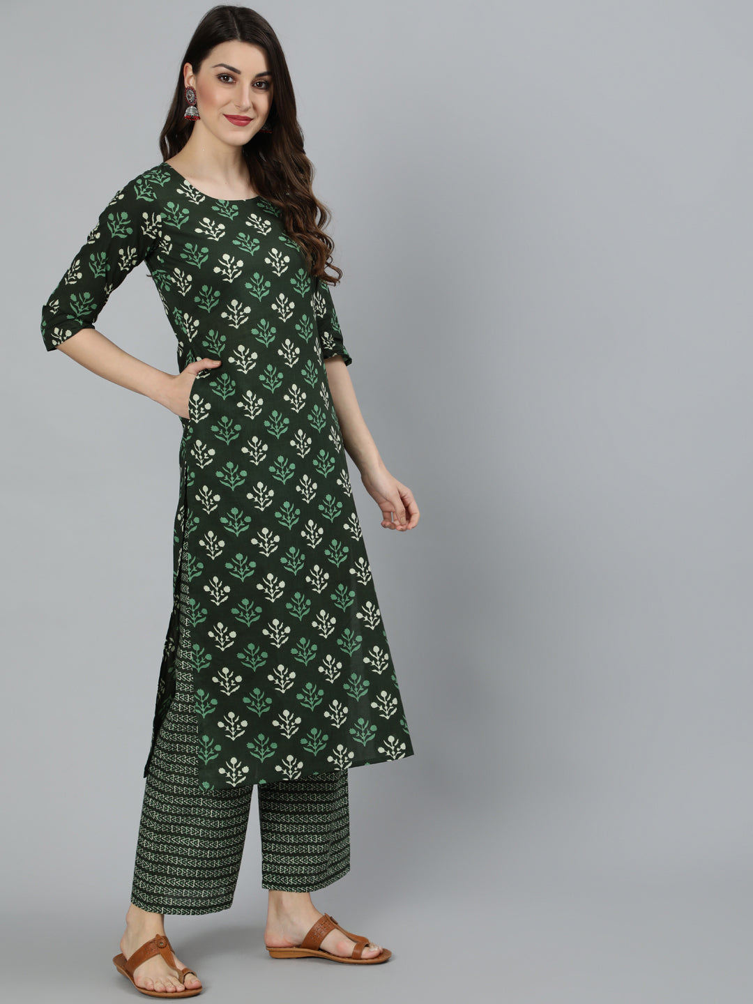 Green Printed Kurta And Palazzo With Dupatta