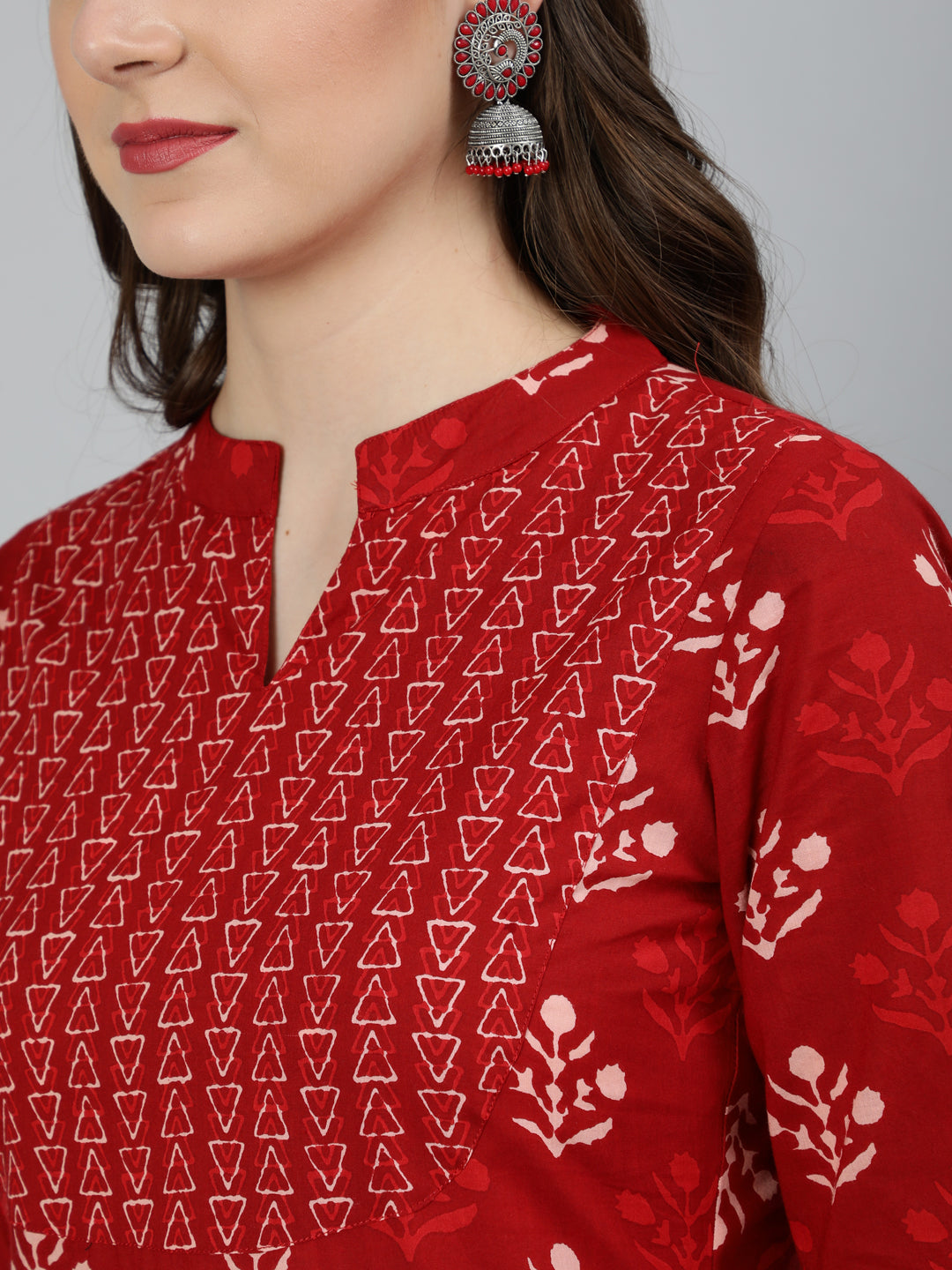 Red Printed Straight Kurta With Palazzo And Dupatta