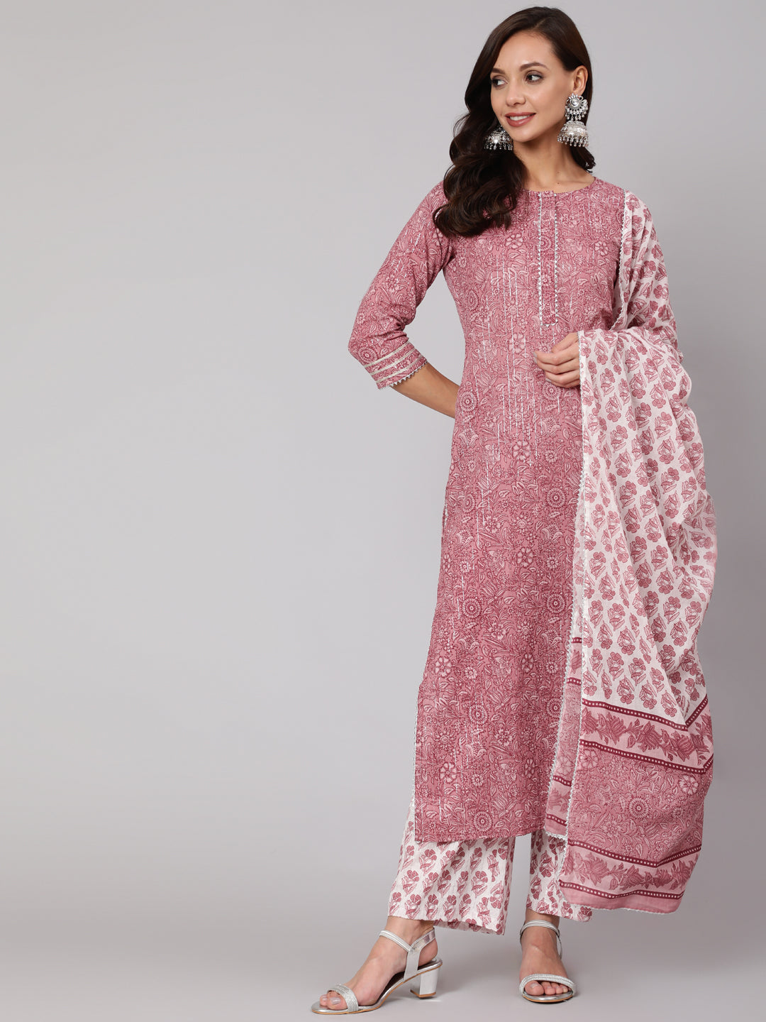 Purple Floral Straight Kurta With Palazzo And Dupatta