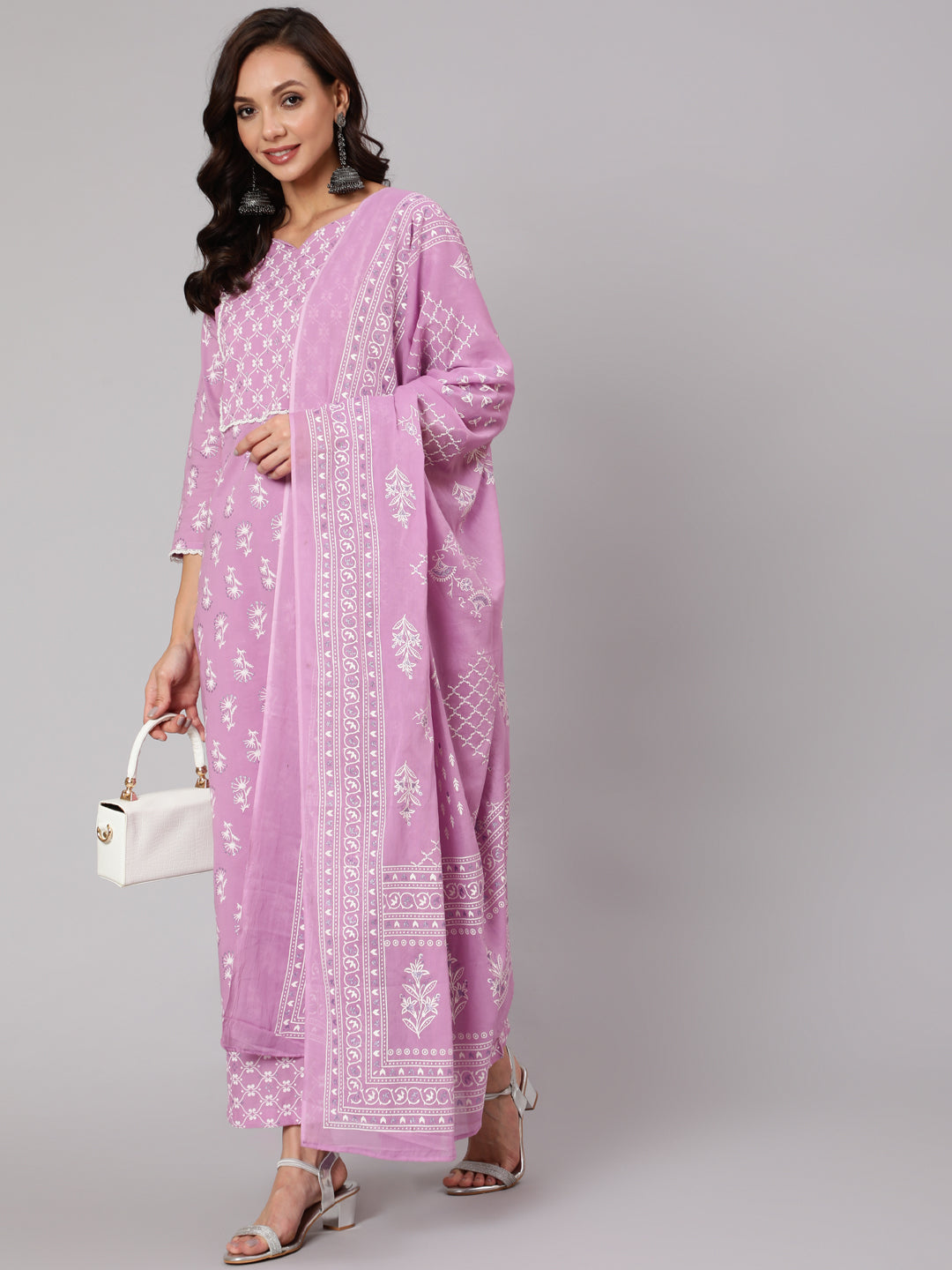 Purple Silver Floral Printed Straight kurta With Palazzo And Dupatta