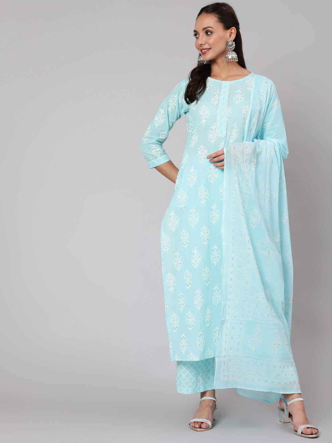 Aqua Blue Ethnic Printed Straight Kurta With Palazzo And Dupatta