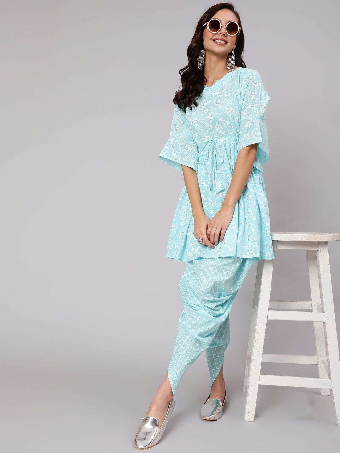 Aqua Blue Ethnic Printed A-Line Kurta With Dhoti
