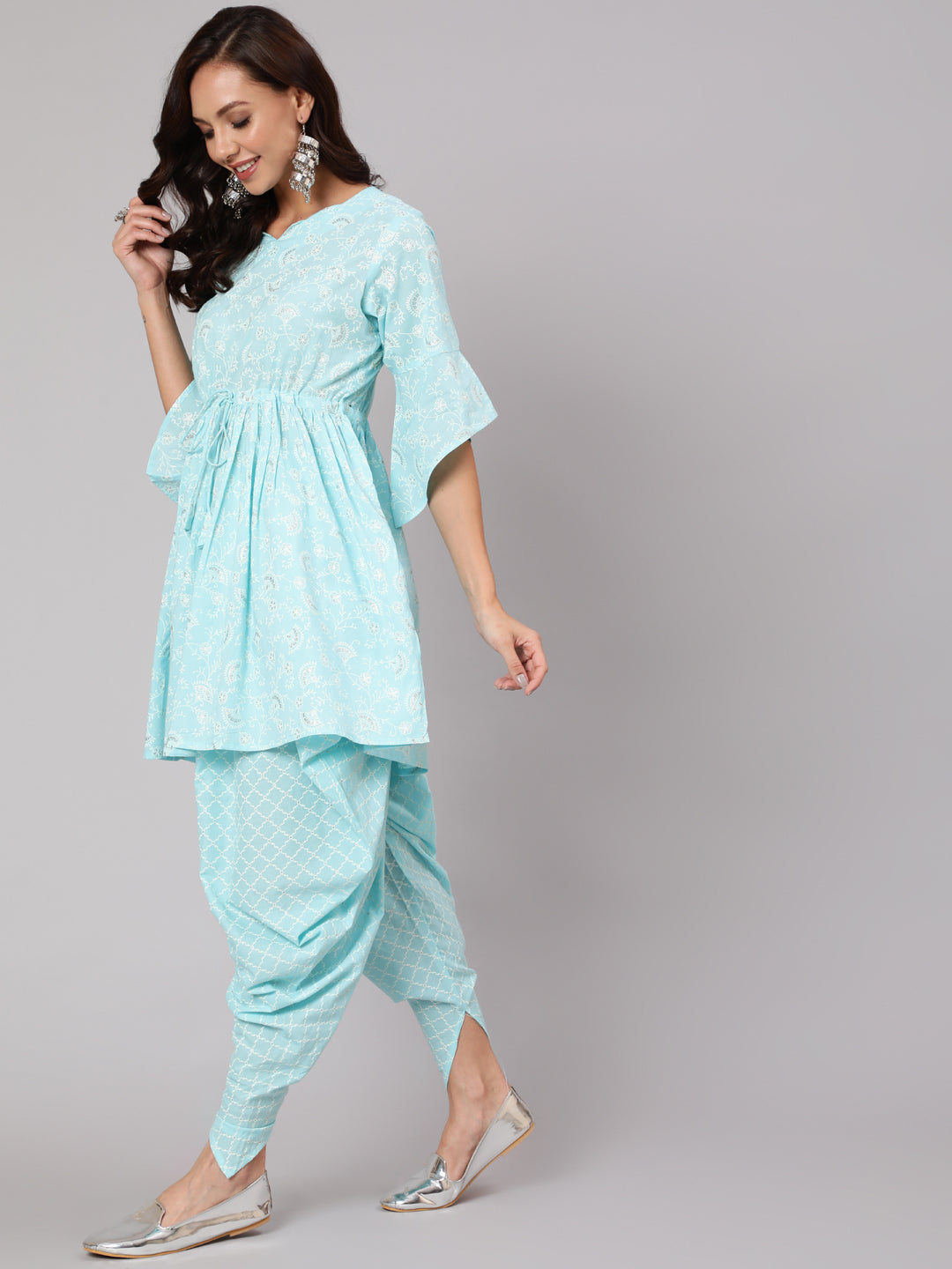 Aqua Blue Ethnic Printed A-Line Kurta With Dhoti