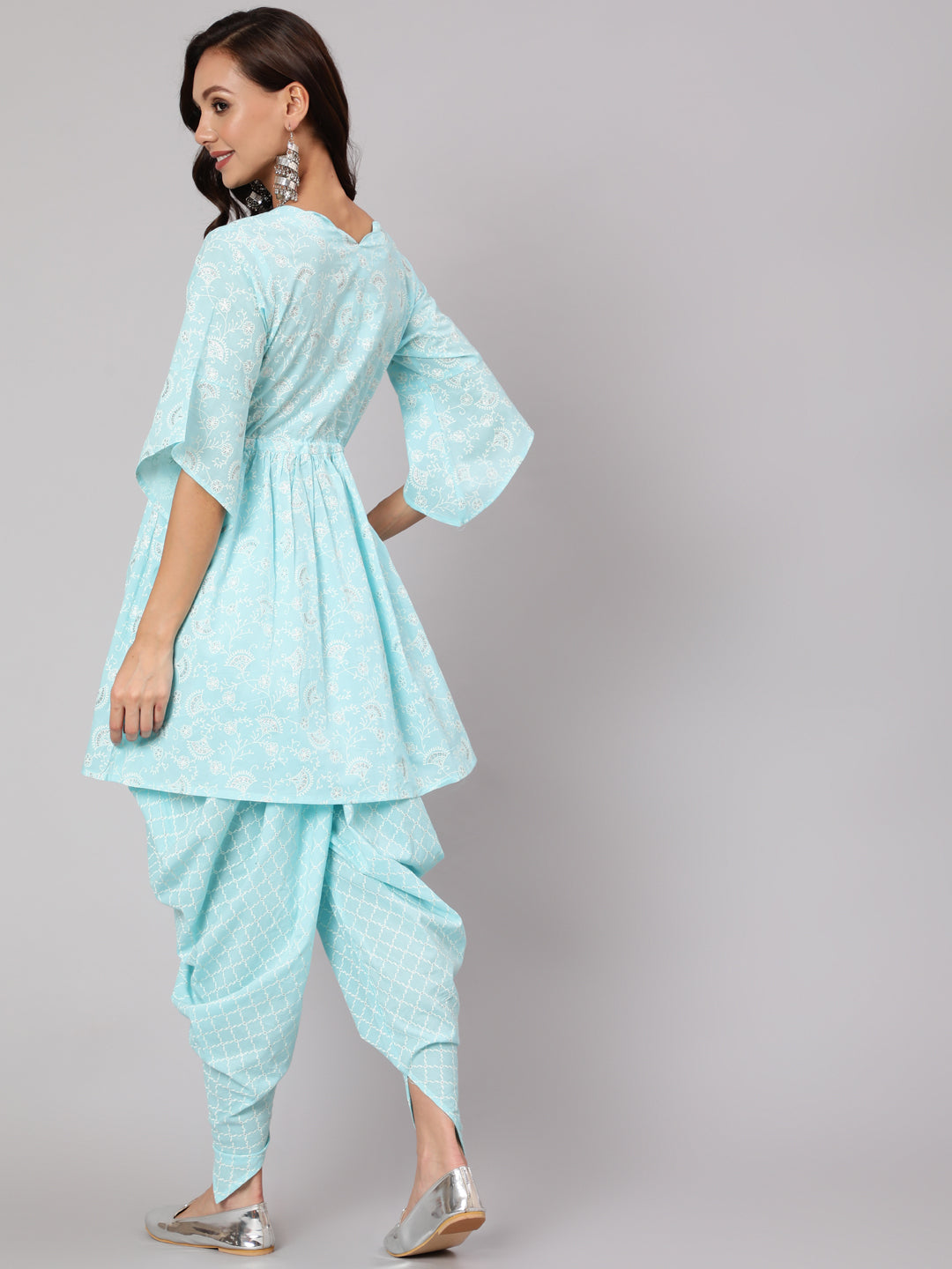 Aqua Blue Ethnic Printed A-Line Kurta With Dhoti