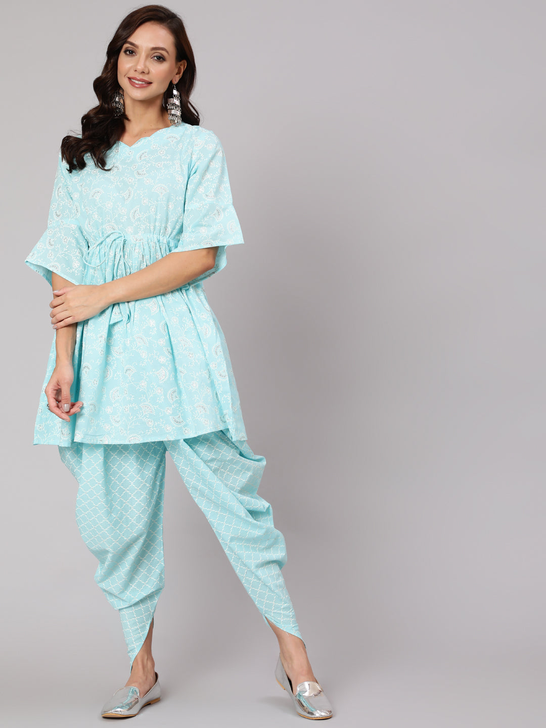 Aqua Blue Ethnic Printed A-Line Kurta With Dhoti
