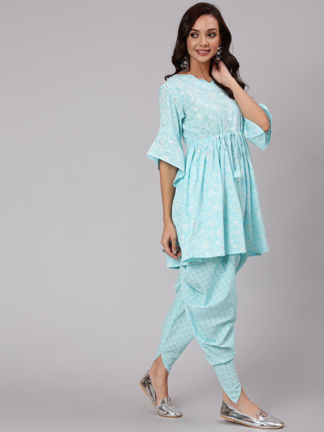 Aqua Blue Ethnic Printed A-Line Kurta With Dhoti