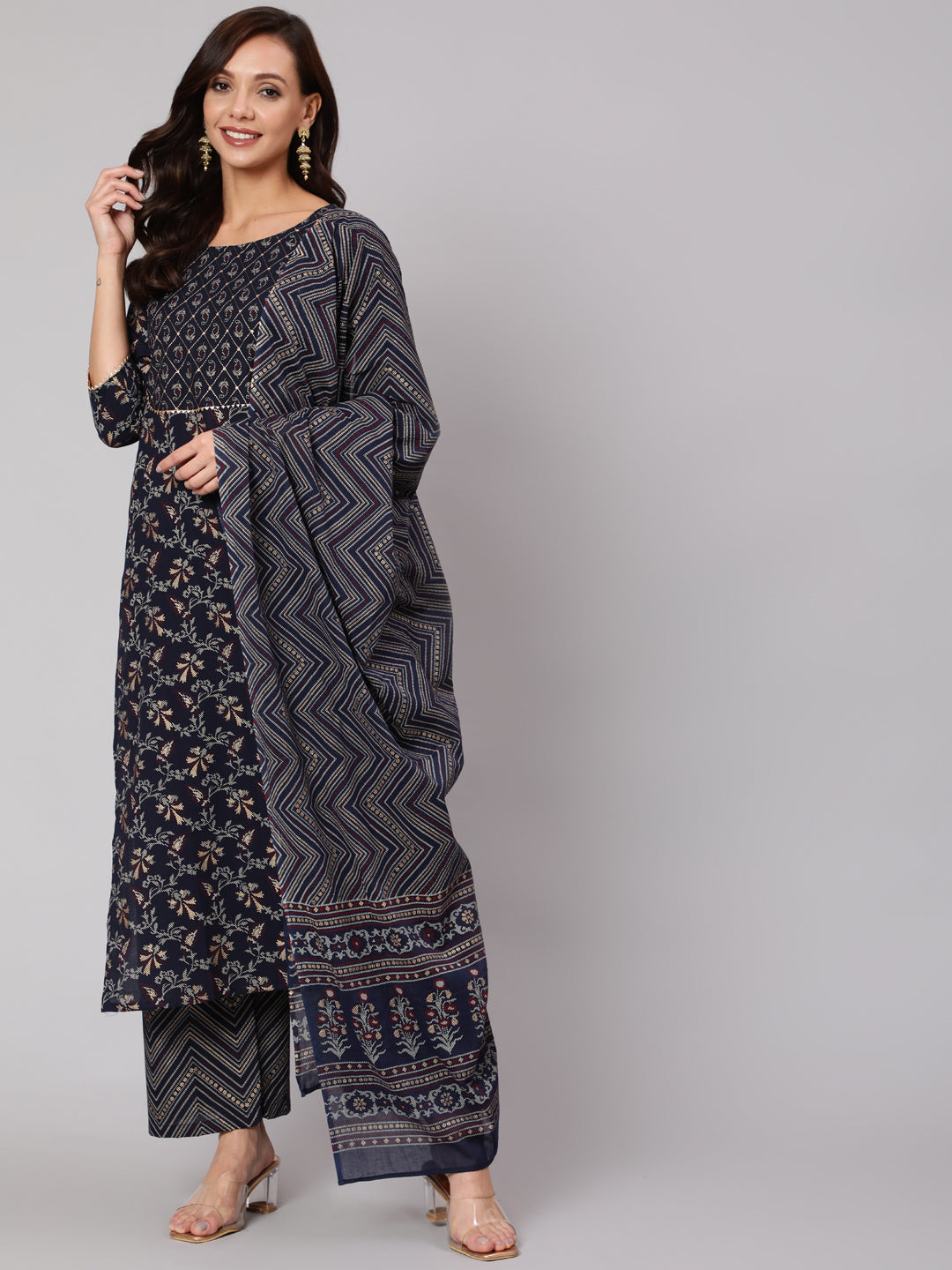Navy Blue Ethnic Printed Straight Kurta With Palazzo And Dupatta