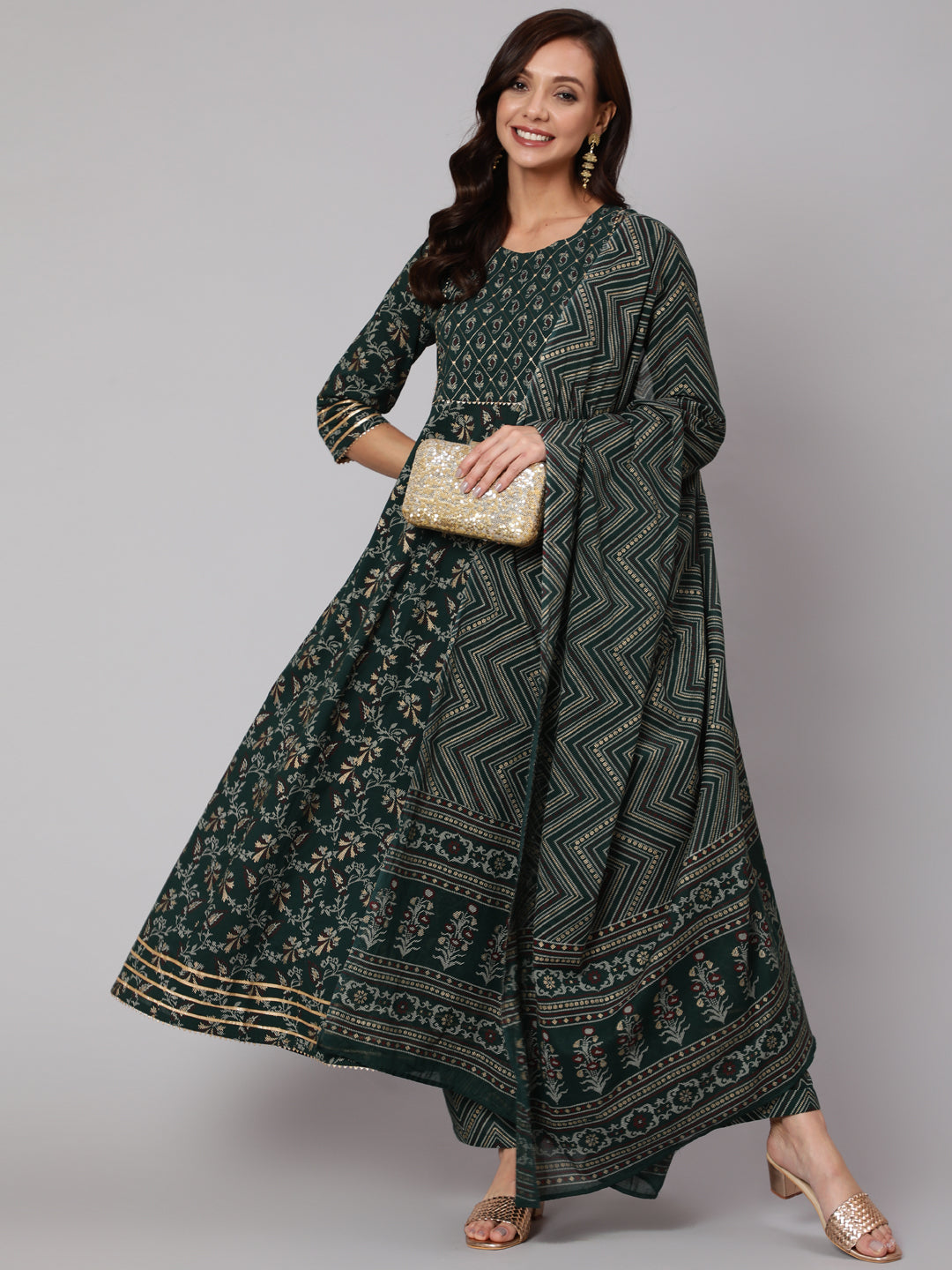 Green Printed Flared Kurta With Trouser And Dupatta