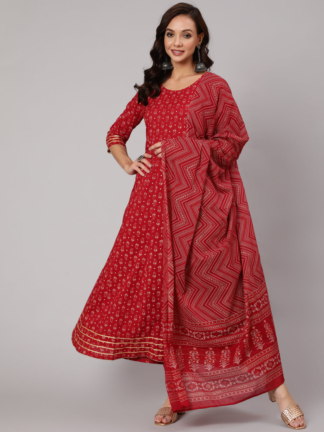 Red Printed Flared Kurta With Trouser And Dupatta