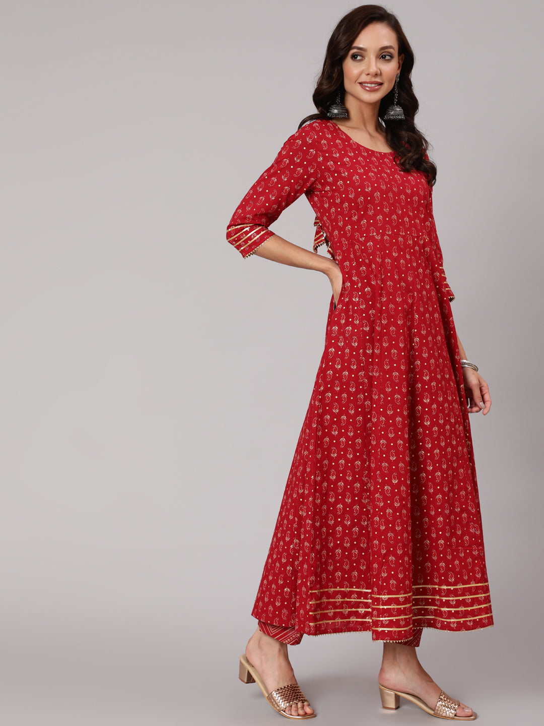Red Printed Flared Kurta With Trouser And Dupatta