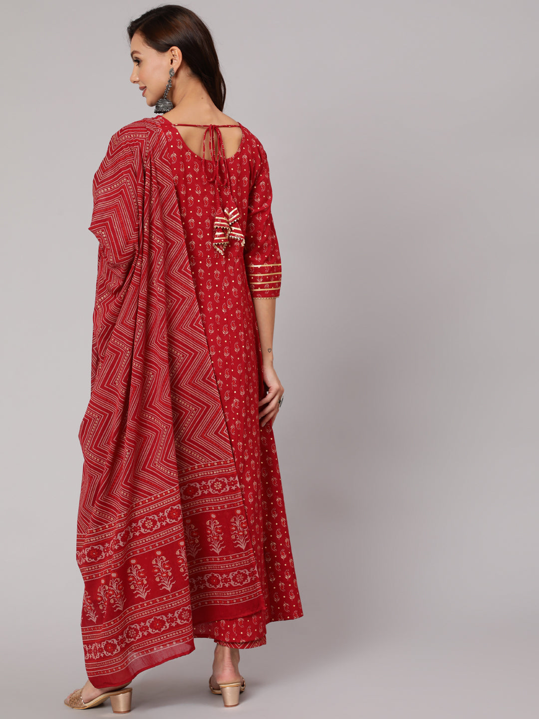 Red Printed Flared Kurta With Trouser And Dupatta