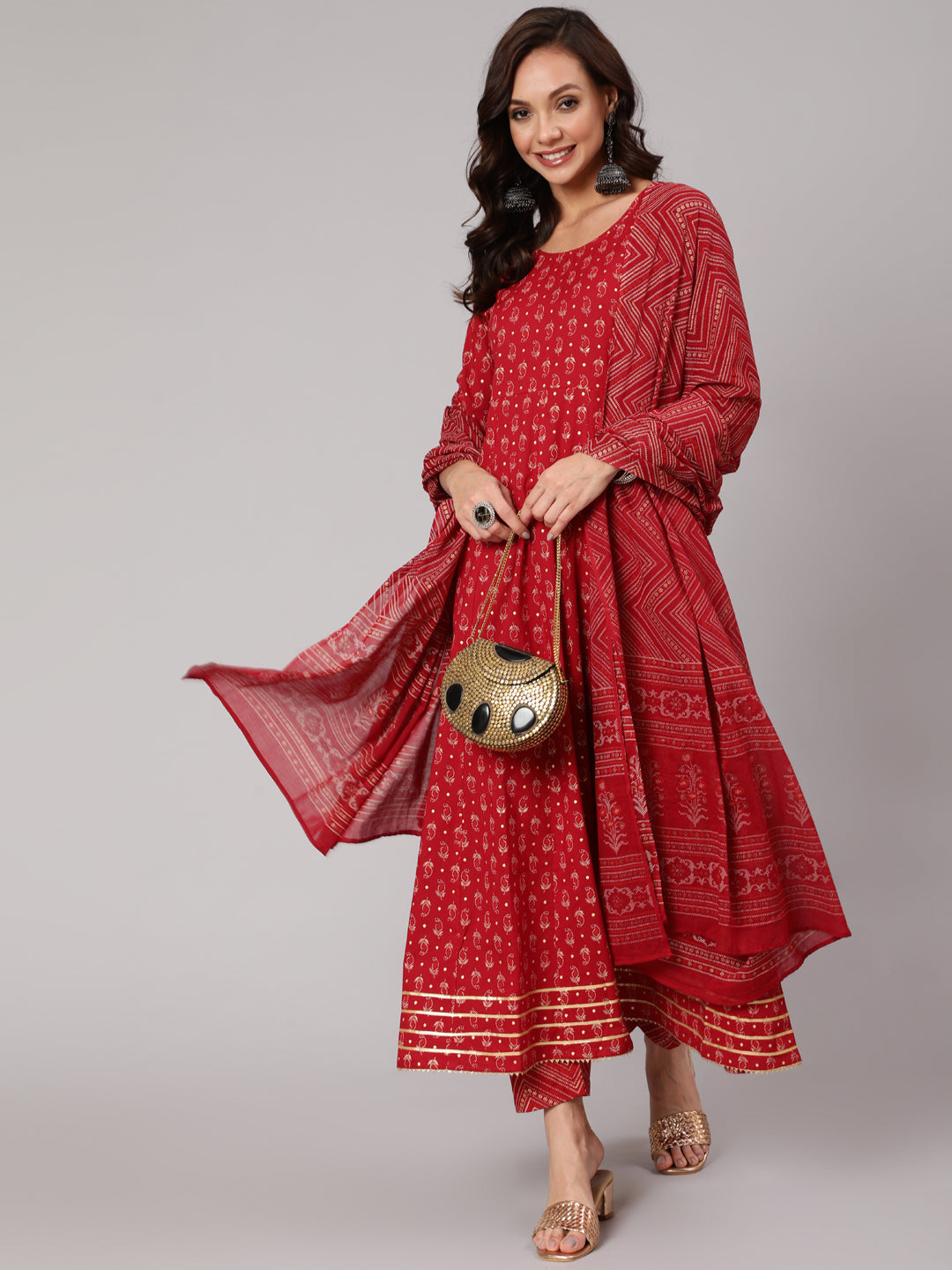 Red Printed Flared Kurta With Trouser And Dupatta