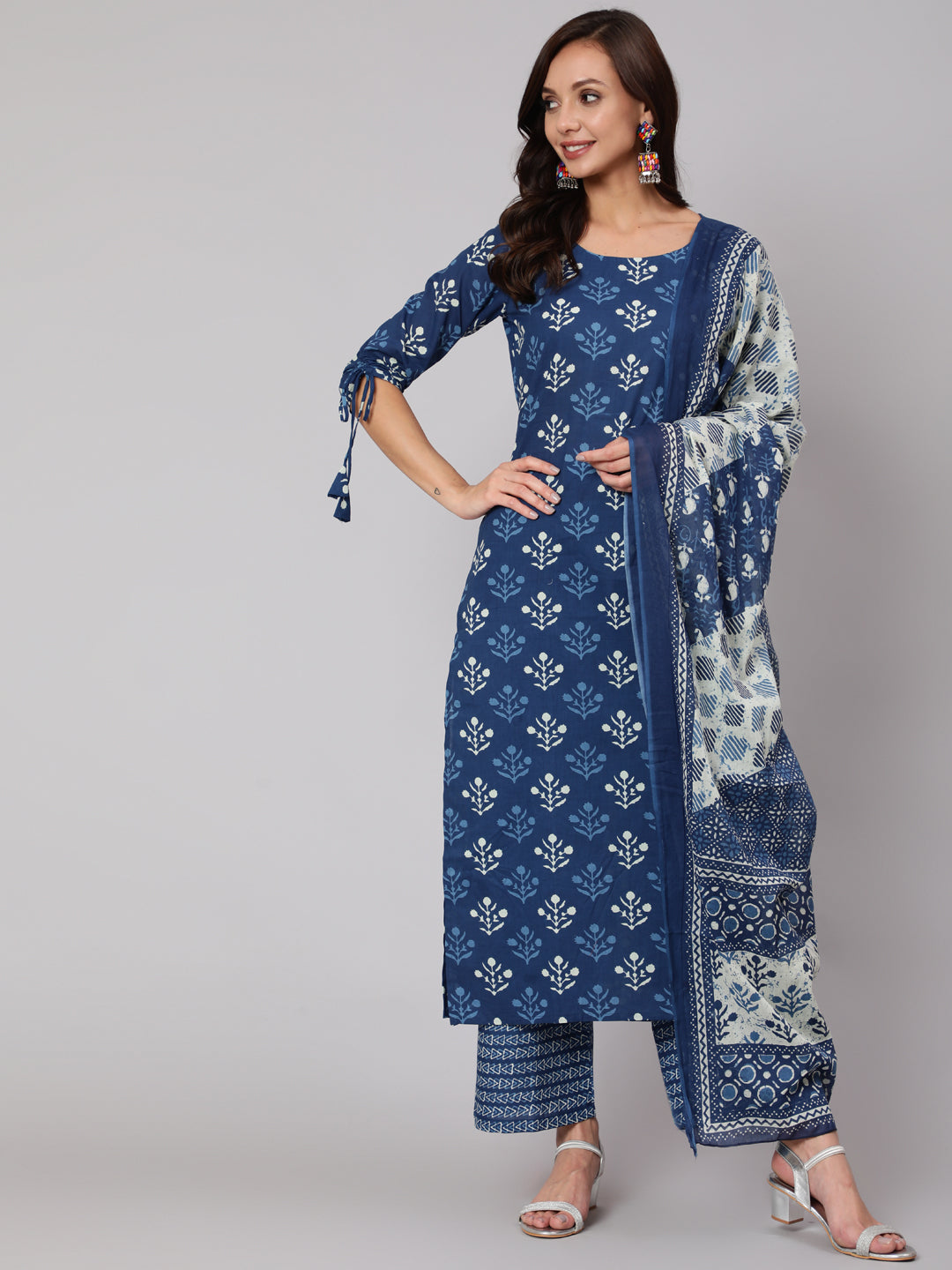 Navy Blue Ethnic Printed Straight Kurta With Palazzo And Dupatta