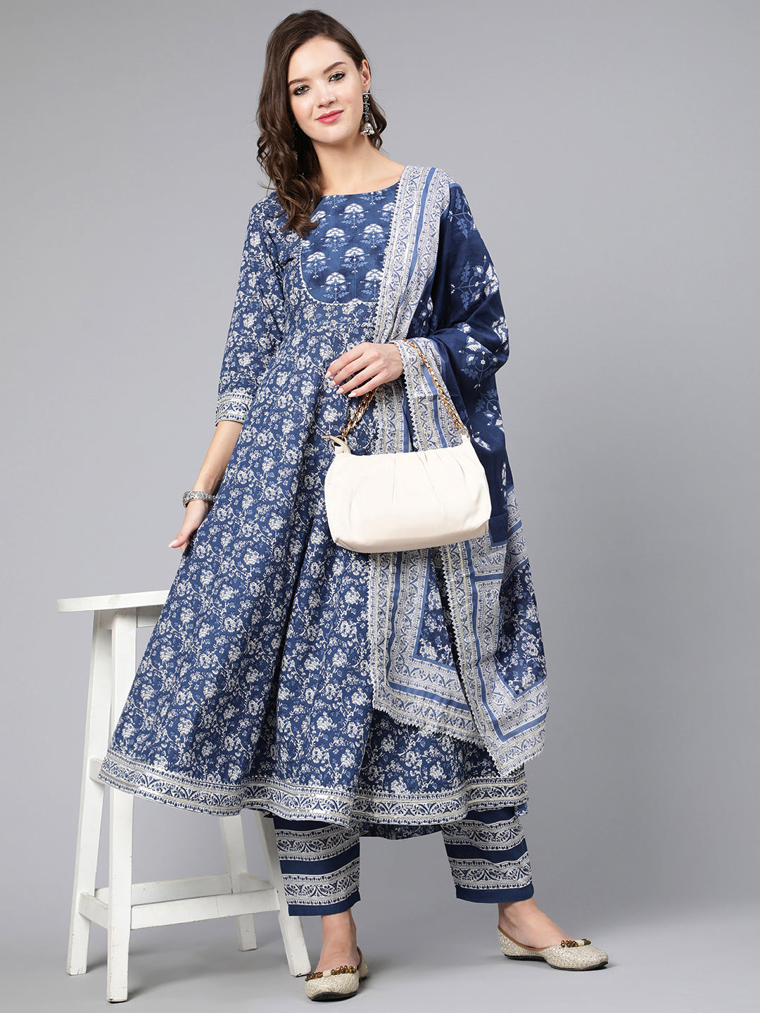 Blue Ethnic Printed Flared Kurta With Trouser And Dupatta
